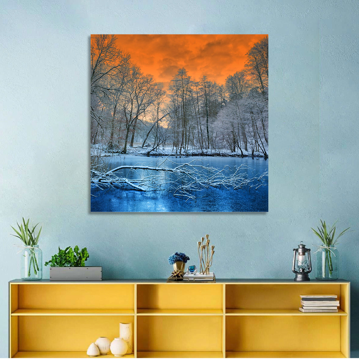 Sunset Over Winter Forest Lake Wall Art