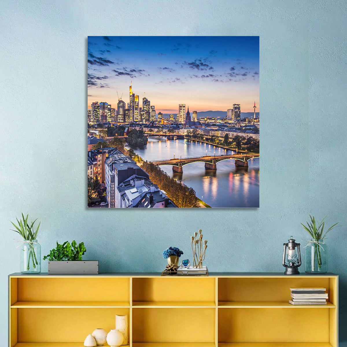 Frankfurt Twilight Skyline Wall Art in a room, square