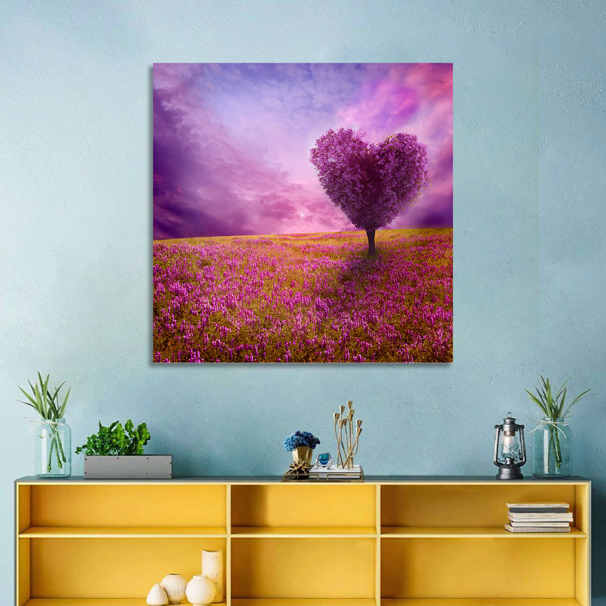 Heart-shaped Tree at Sunset Wall Art in a room, square