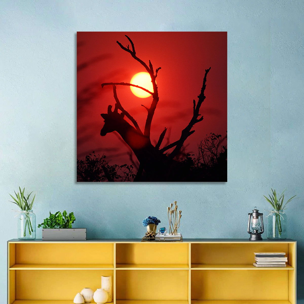 Giraffe Silhouette at Sunset Wall Art in a room, square