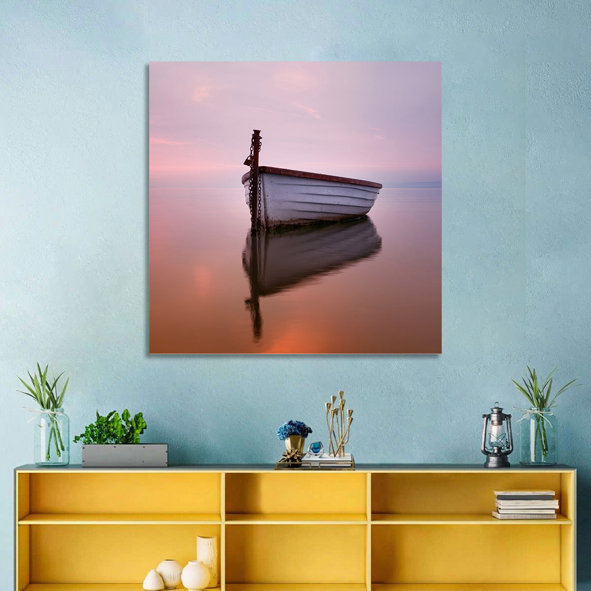 Pastel Boat Reflection Wall Art in a room, square
