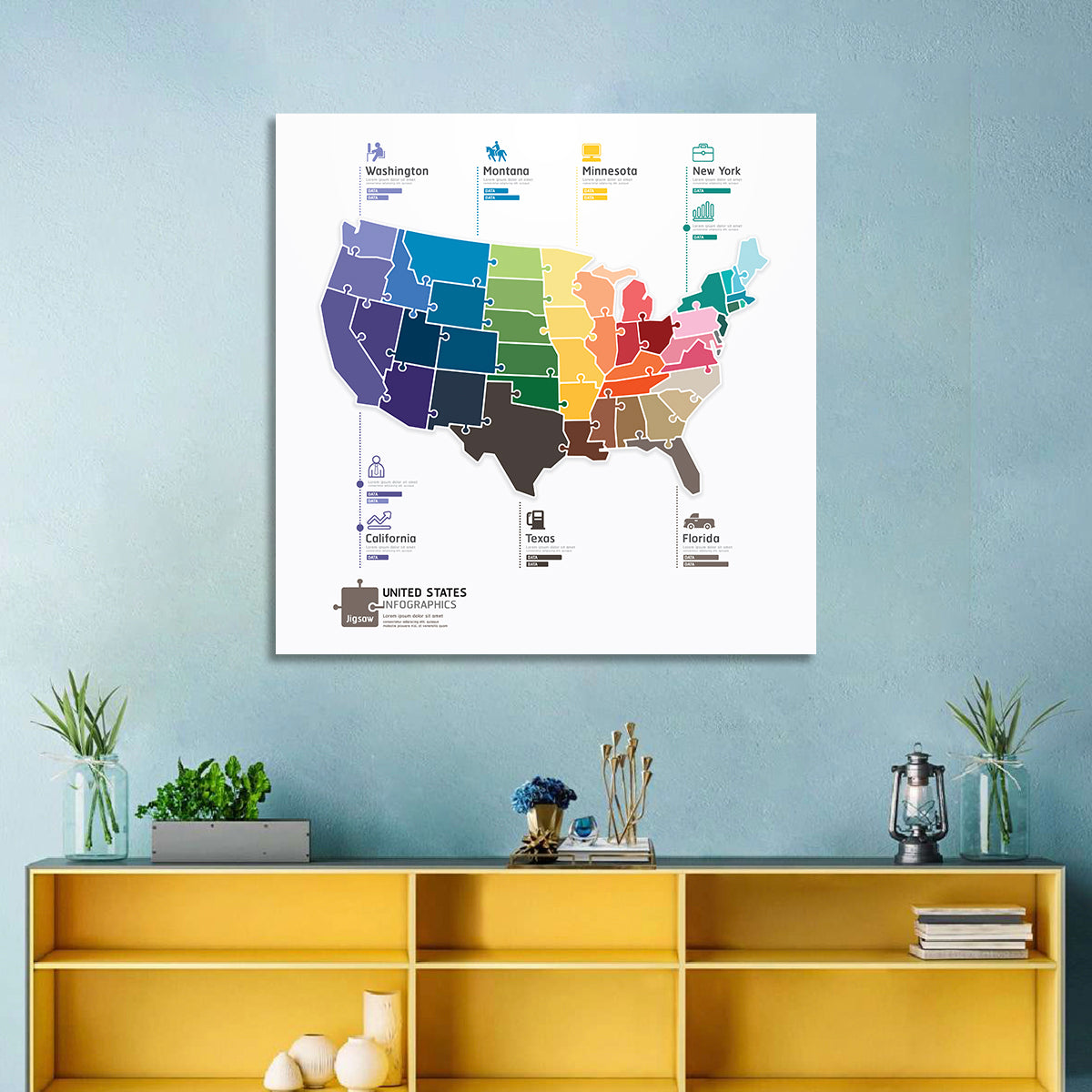 United States Jigsaw Map Wall Art in a room, square