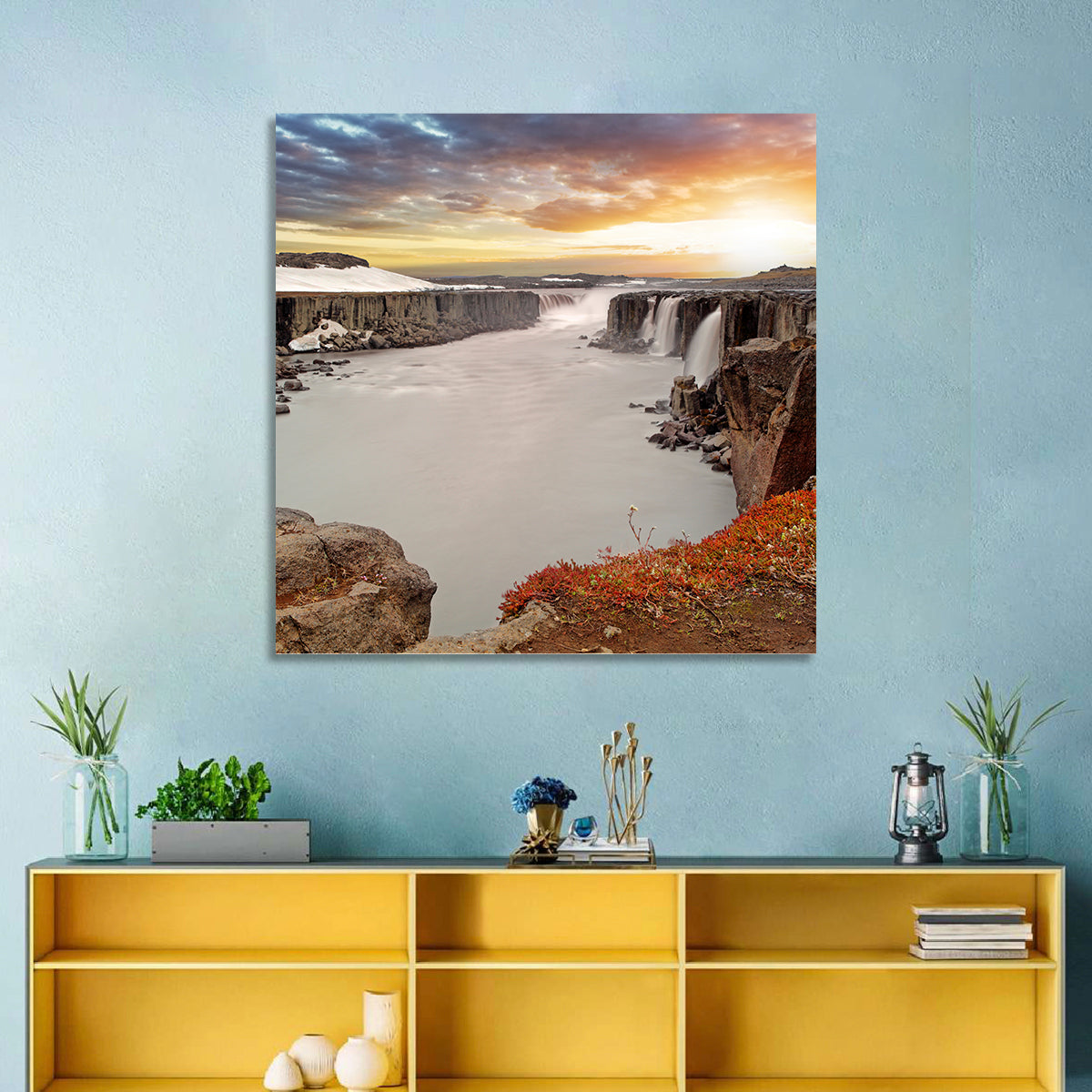 Selfoss Waterfall at Sunset Wall Art in a room, square