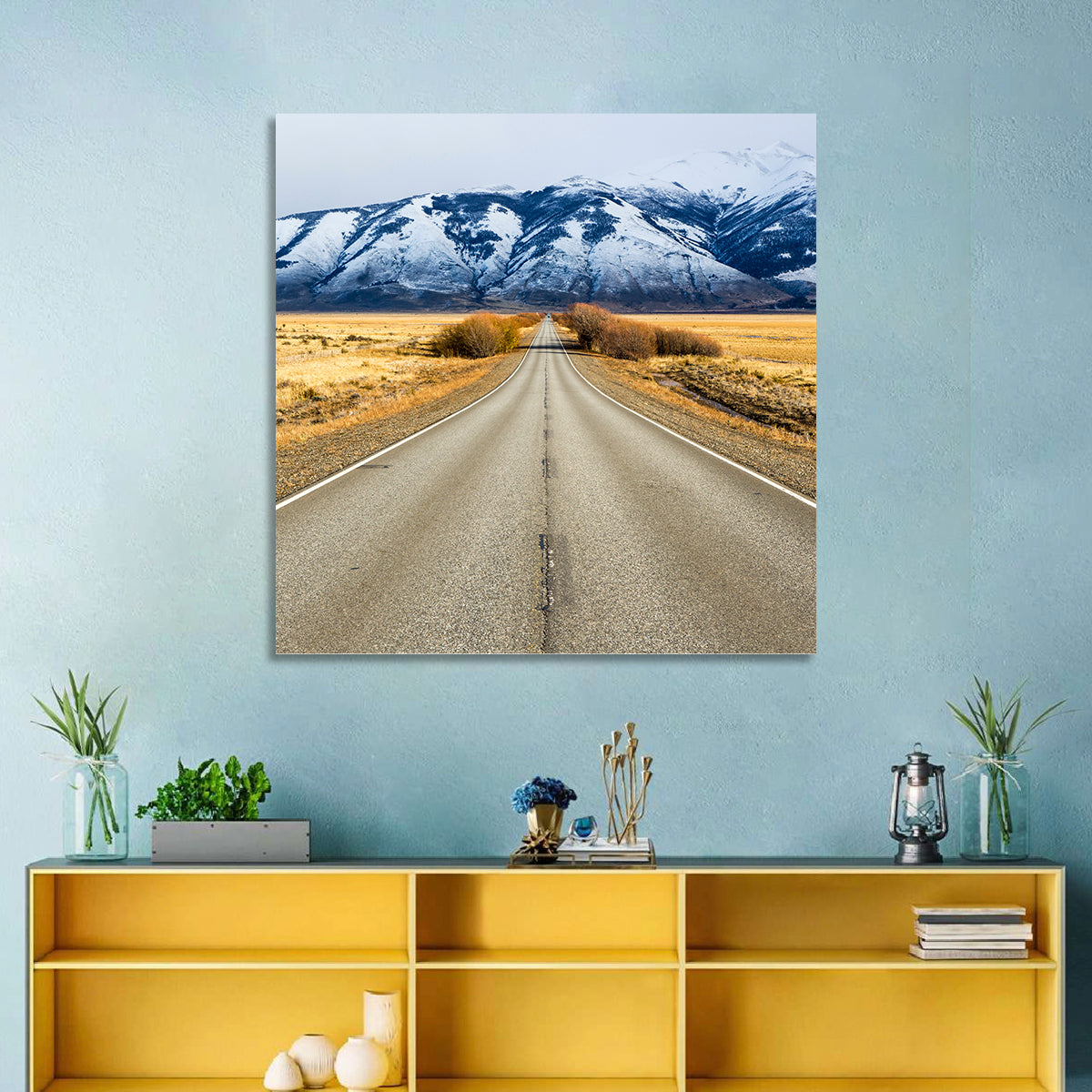 El Calafate Road with Snow Peaks Wall Art in a room, square