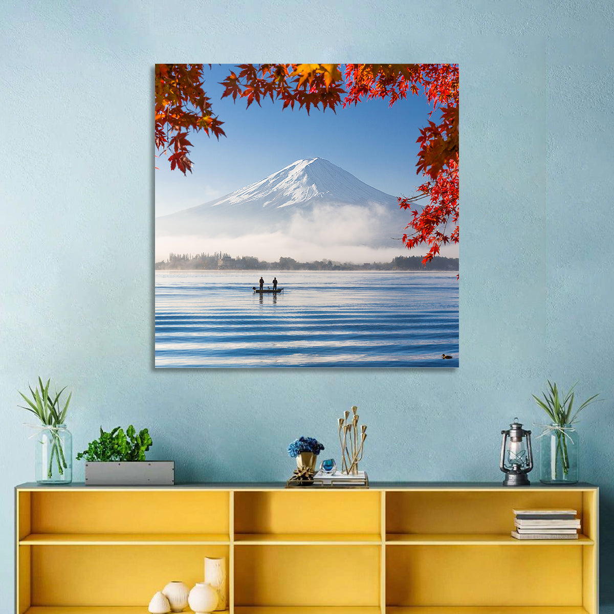 Mount Fuji Over Lake Kawaguchiko Wall Art in a room, square