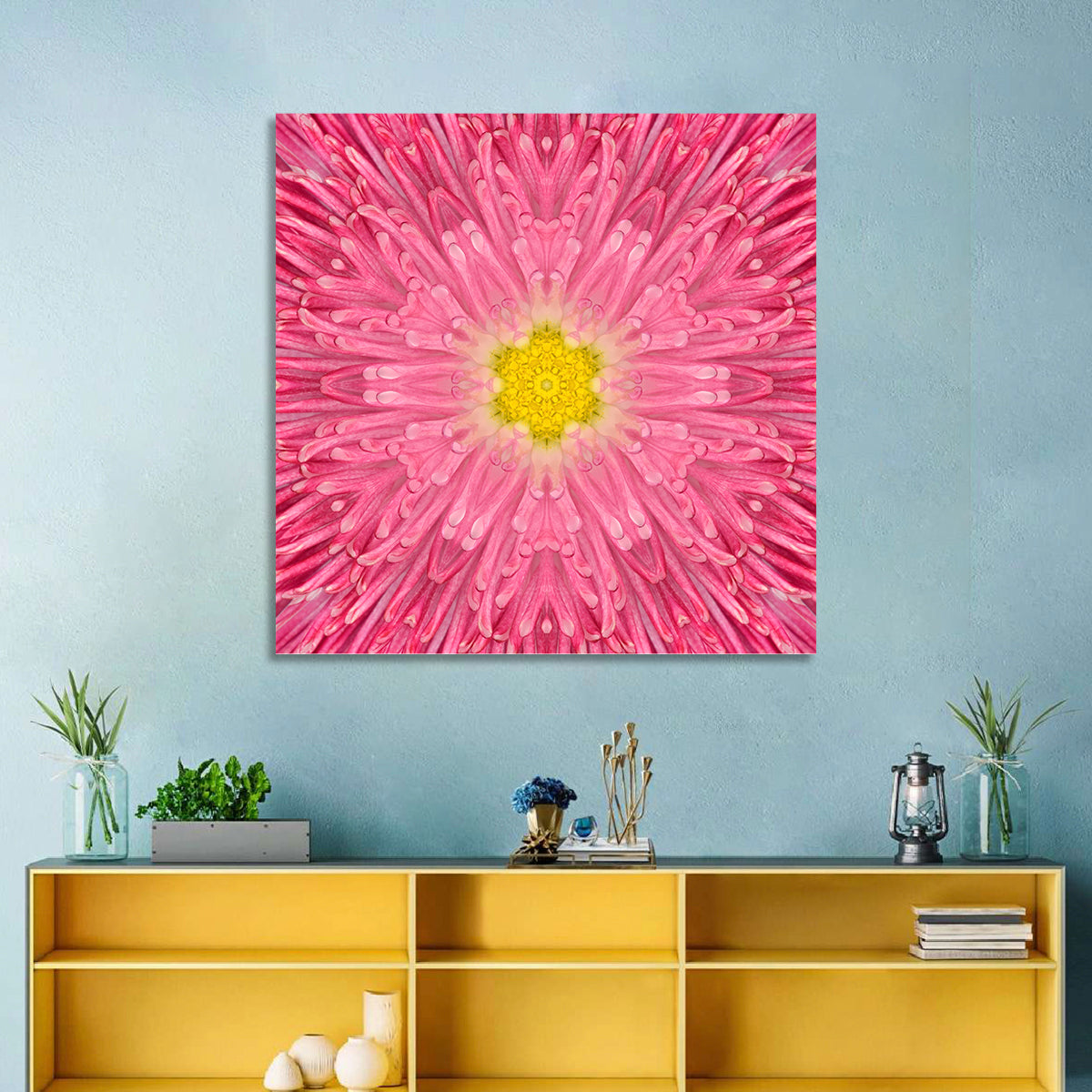 Kaleidoscopic Daisy Mandala Bloom Wall Art in a room, square