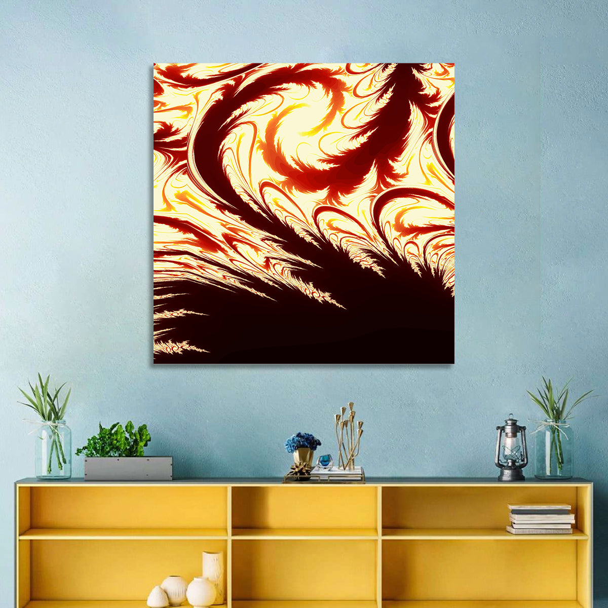 Flying Feathers in Flame Wall Art in a room, square
