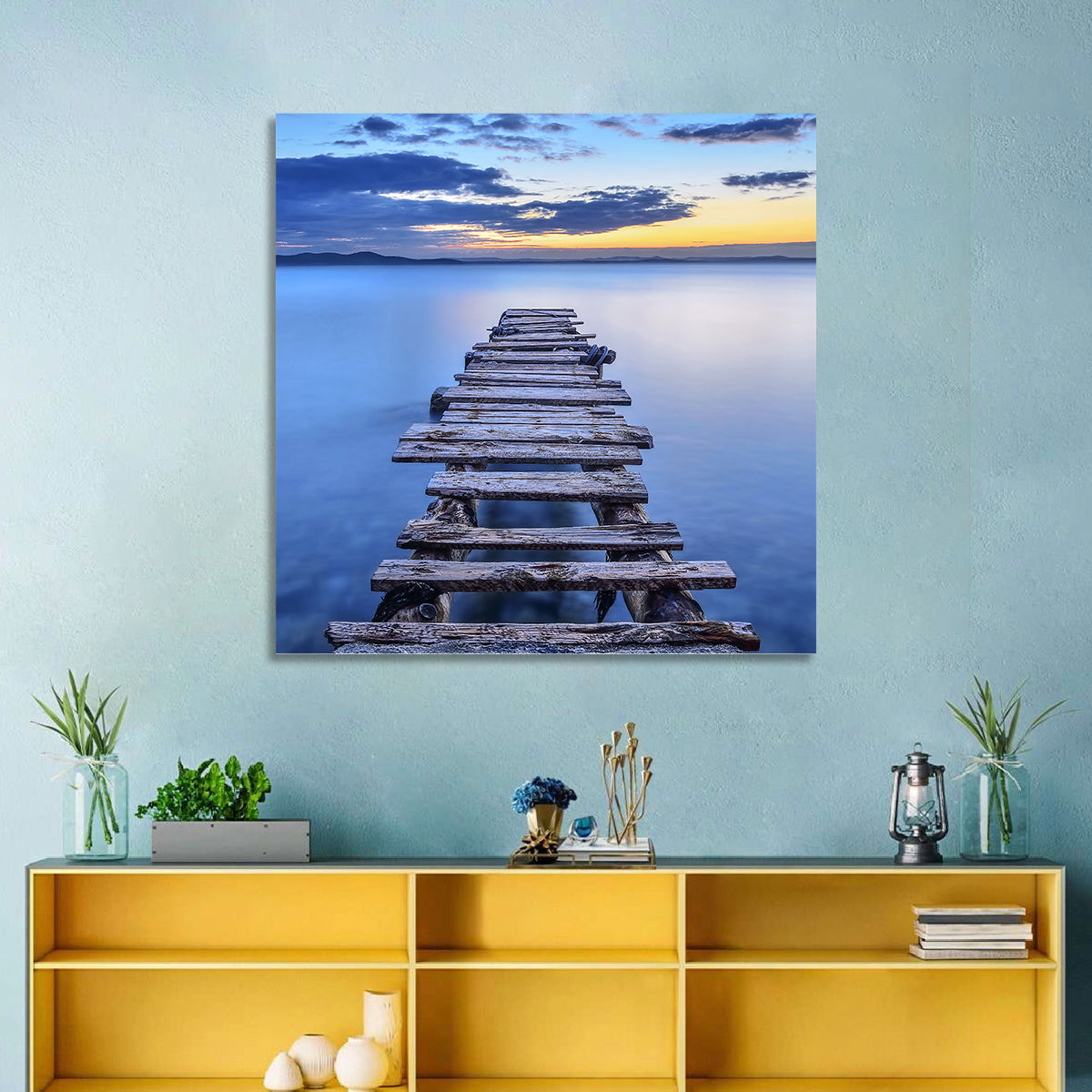 Weathered Lake Pier at Dusk Wall Art in a room, square