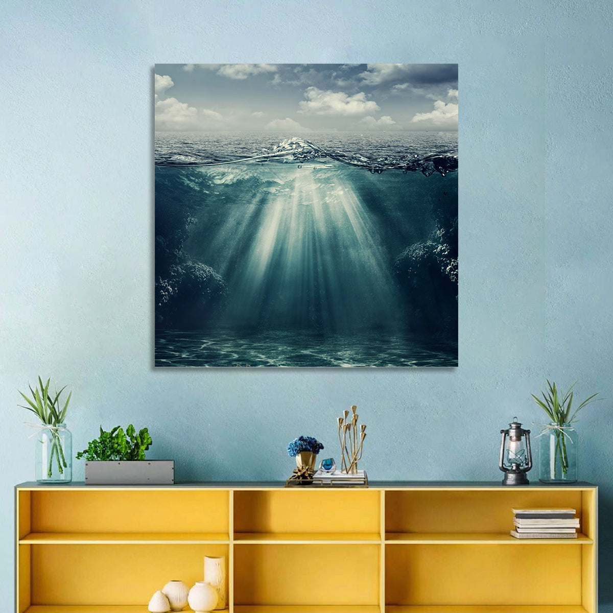 Split-level Underwater Ocean View Wall Art in a room, square