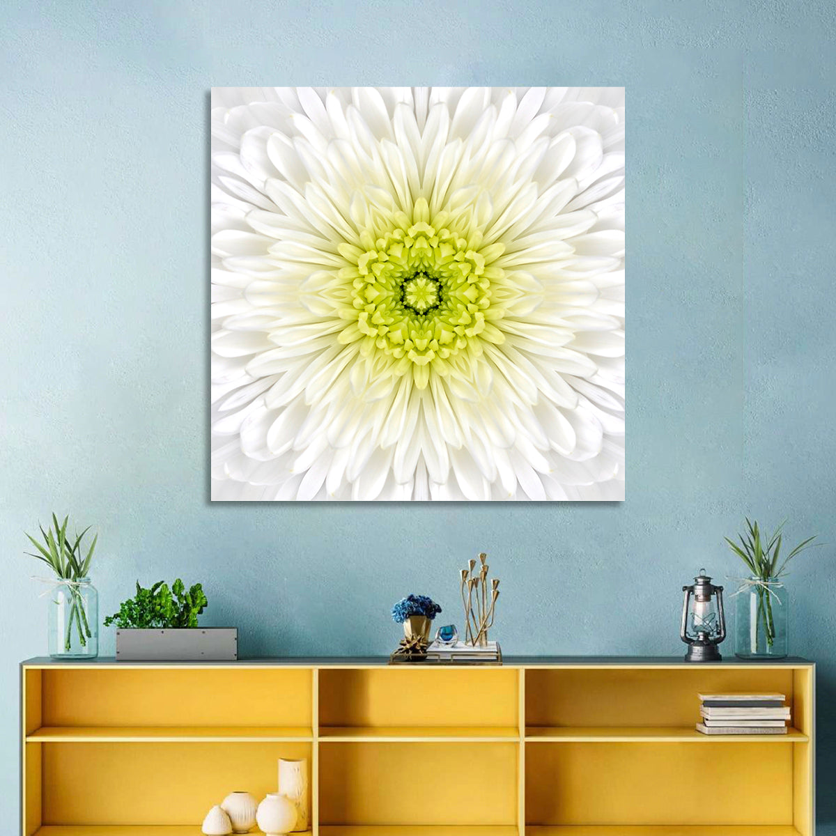 White Chrysanthemum Mandala Close Up Wall Art in a room, square
