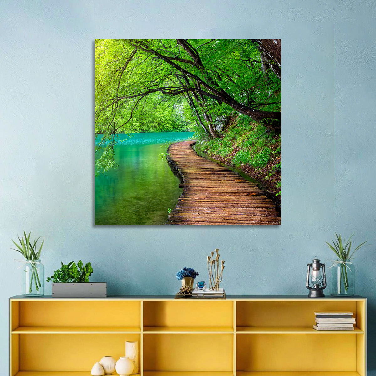 Plitvice Lakes Boardwalk Wall Art in a room, square