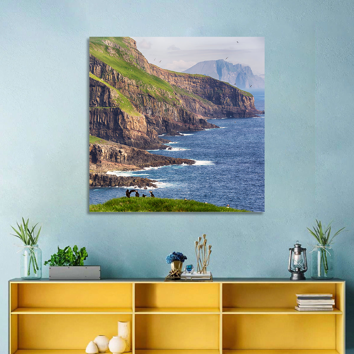 Mykines Cliffs, Faroe Islands Wall Art in a room, square