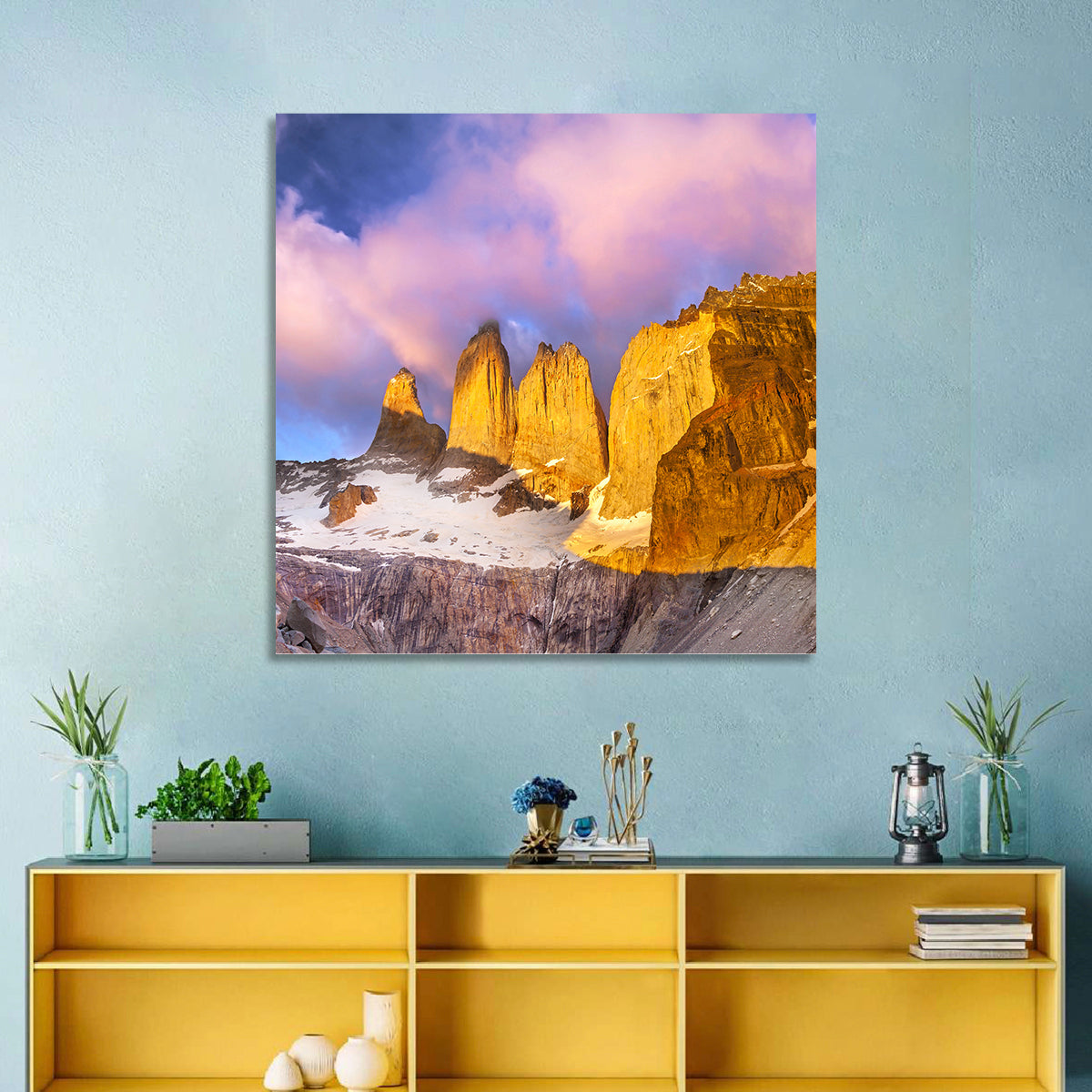 Torres Del Paine Alpenglow Wall Art in a room, square