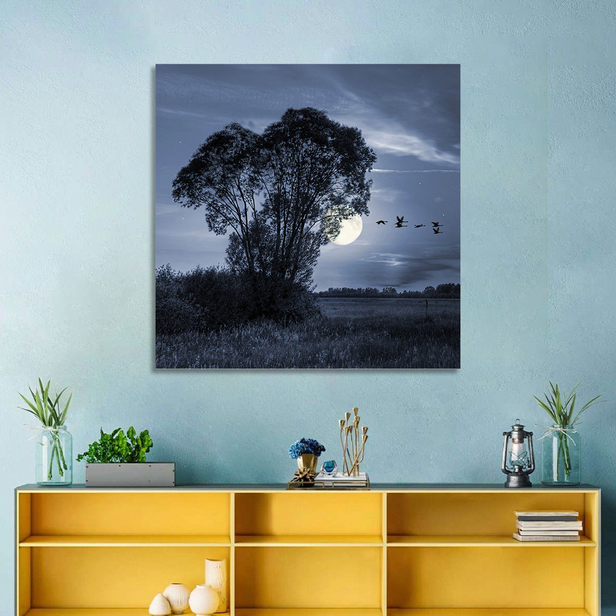 Moonlit Birds Over Quiet Field Wall Art in a room, square