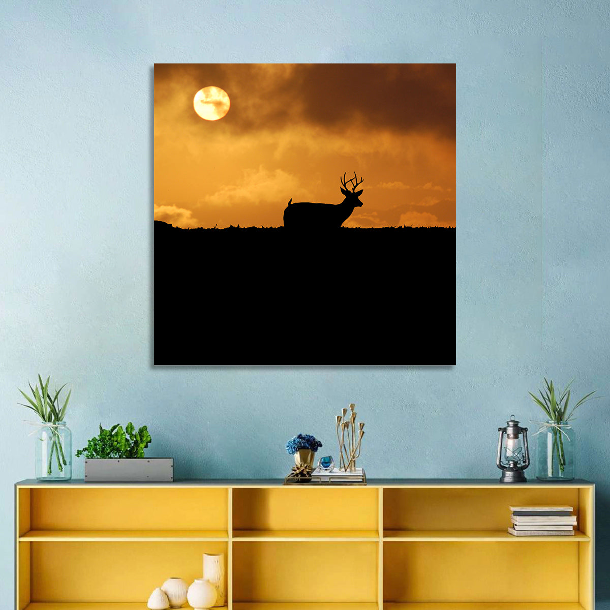 Deer at Sunset Wall Art in a room, square