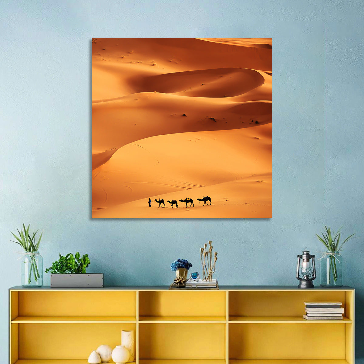 Desert Camel Caravan in Golden Dunes Wall Art in a room, square
