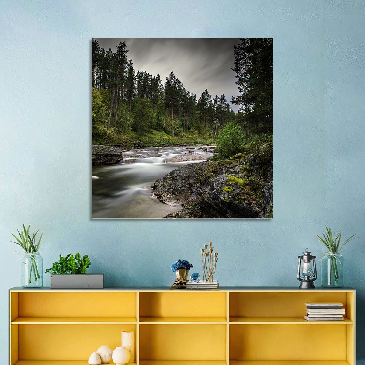 Mossy Forest Stream Wall Art in a room, square