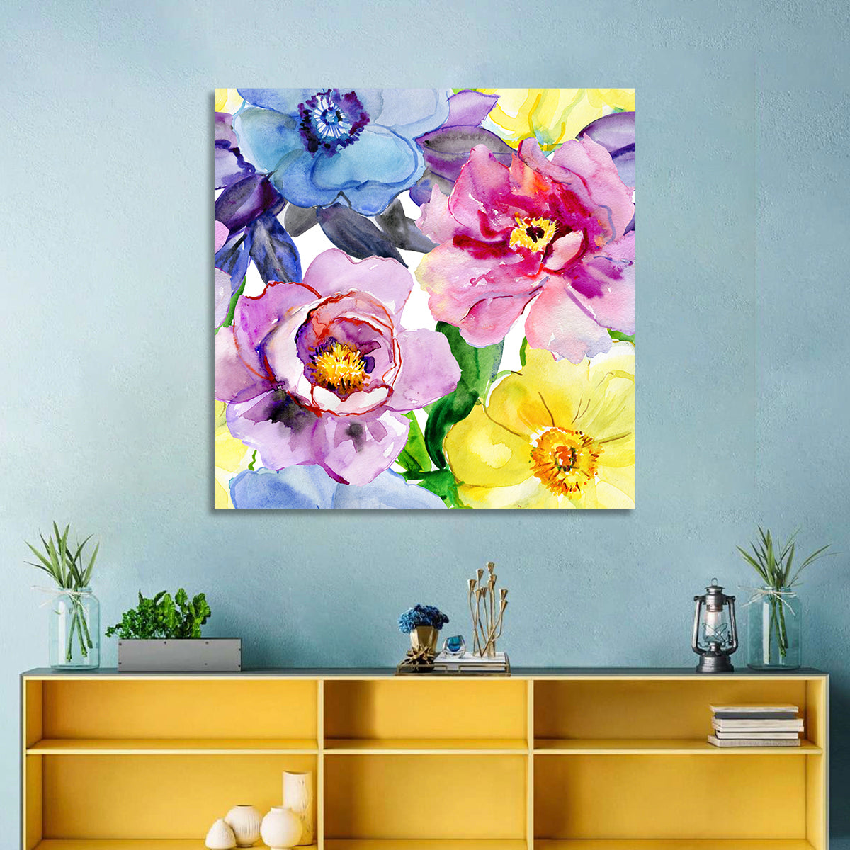 Vibrant Watercolor Floral Arrangement Wall Art in a room, square