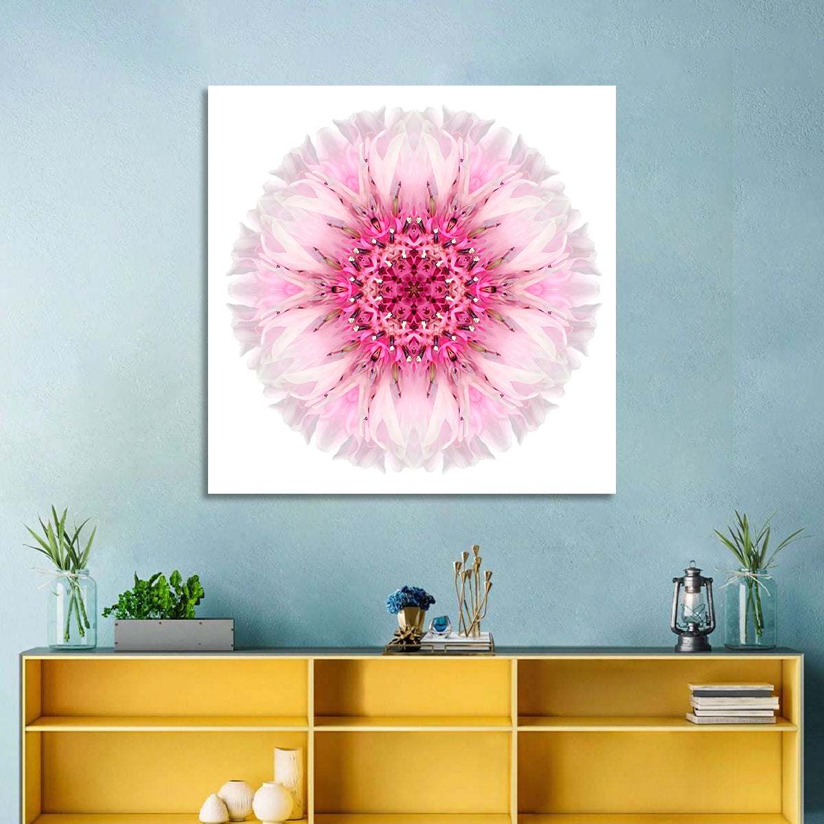 Pink Cornflower Kaleidoscope Mandala Wall Art in a room, square