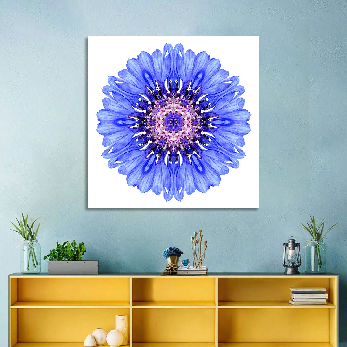 Blue Cornflower Mandala Pattern Wall Art in a room, square