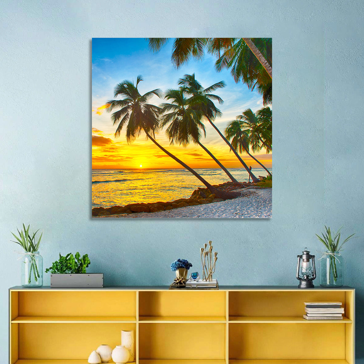 Palm Island Sunset Wall Art in a room, square