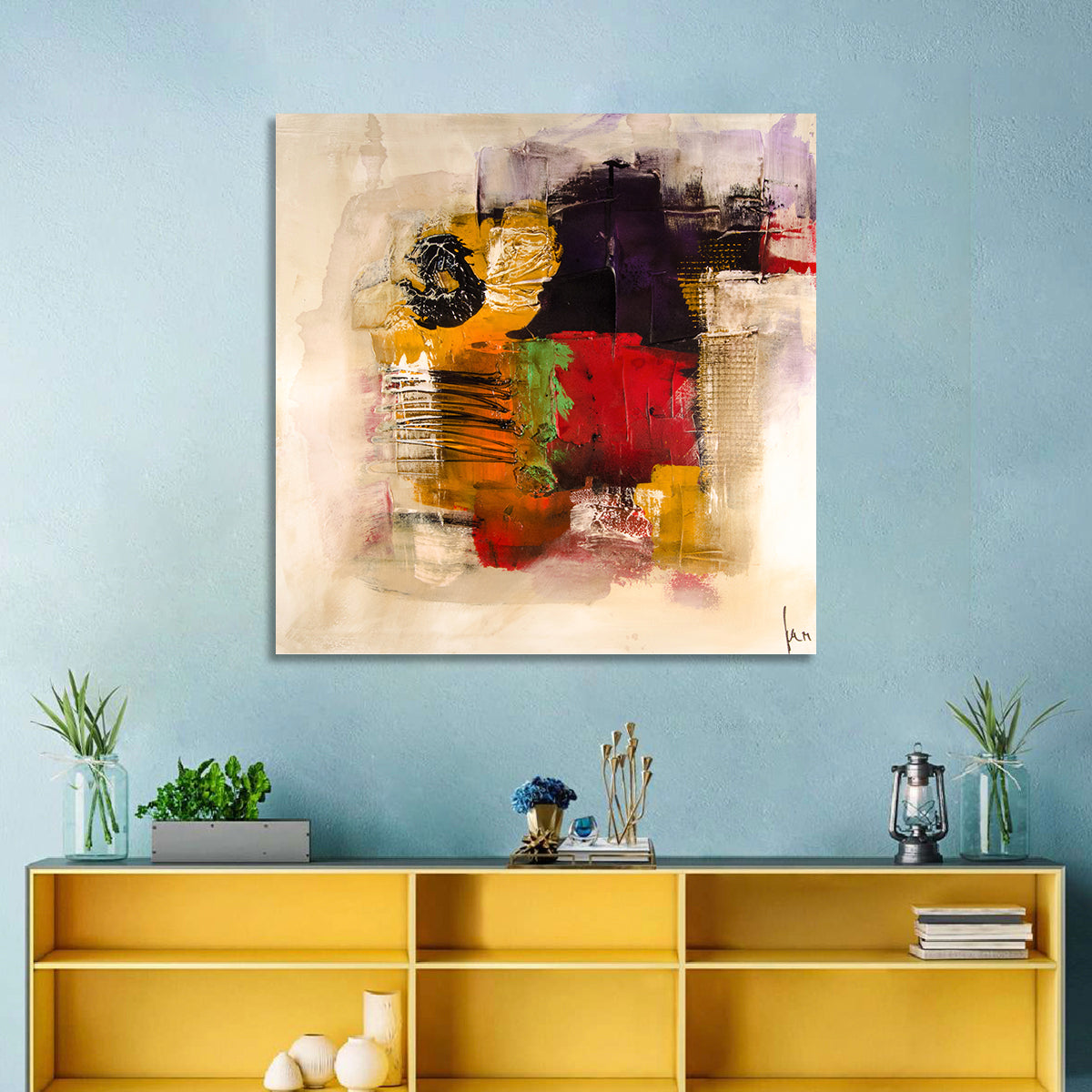 Bold Color Block Abstract with Black Circle Wall Art in a room, square