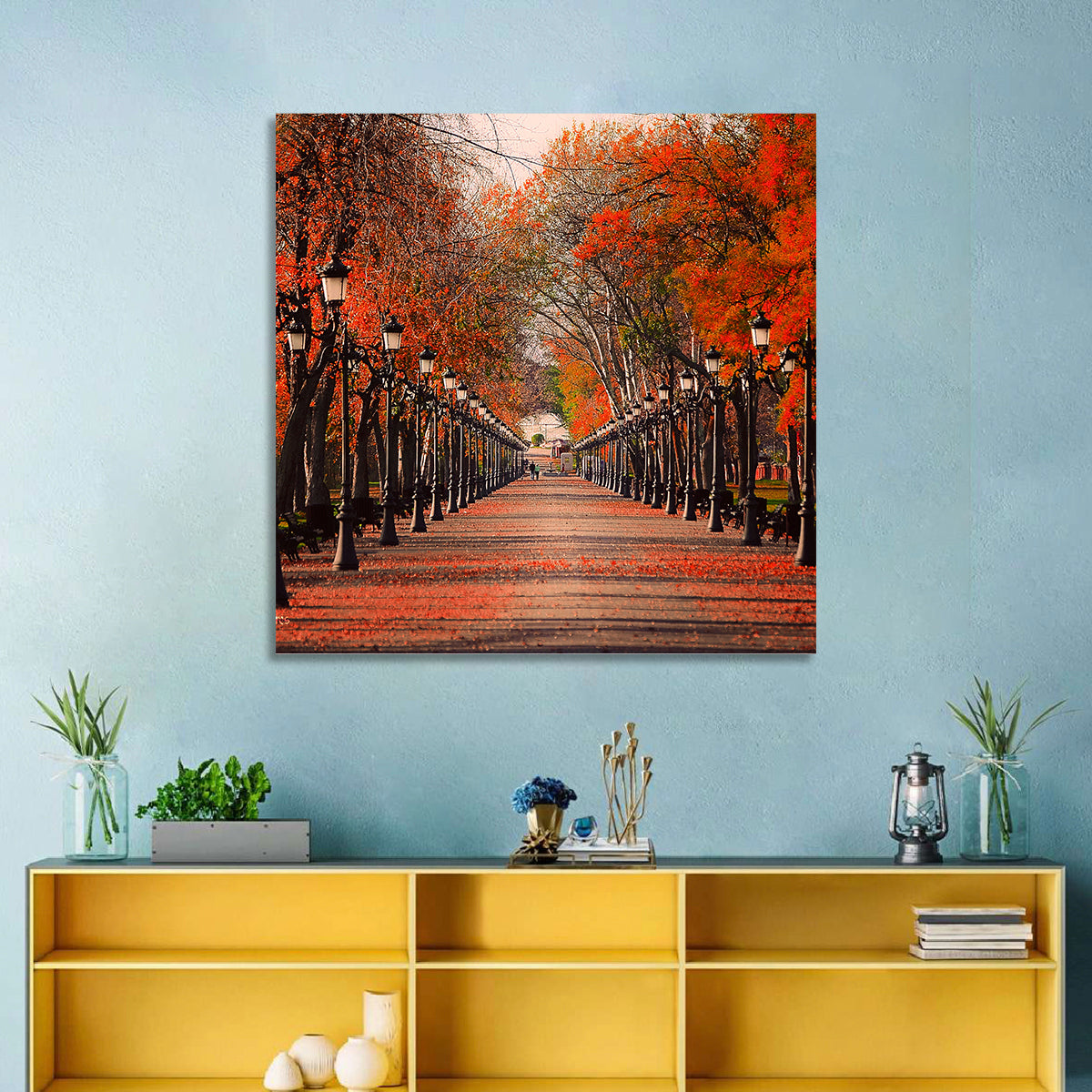 Autumn Park Path with Vintage Lampposts Wall Art in a room, square