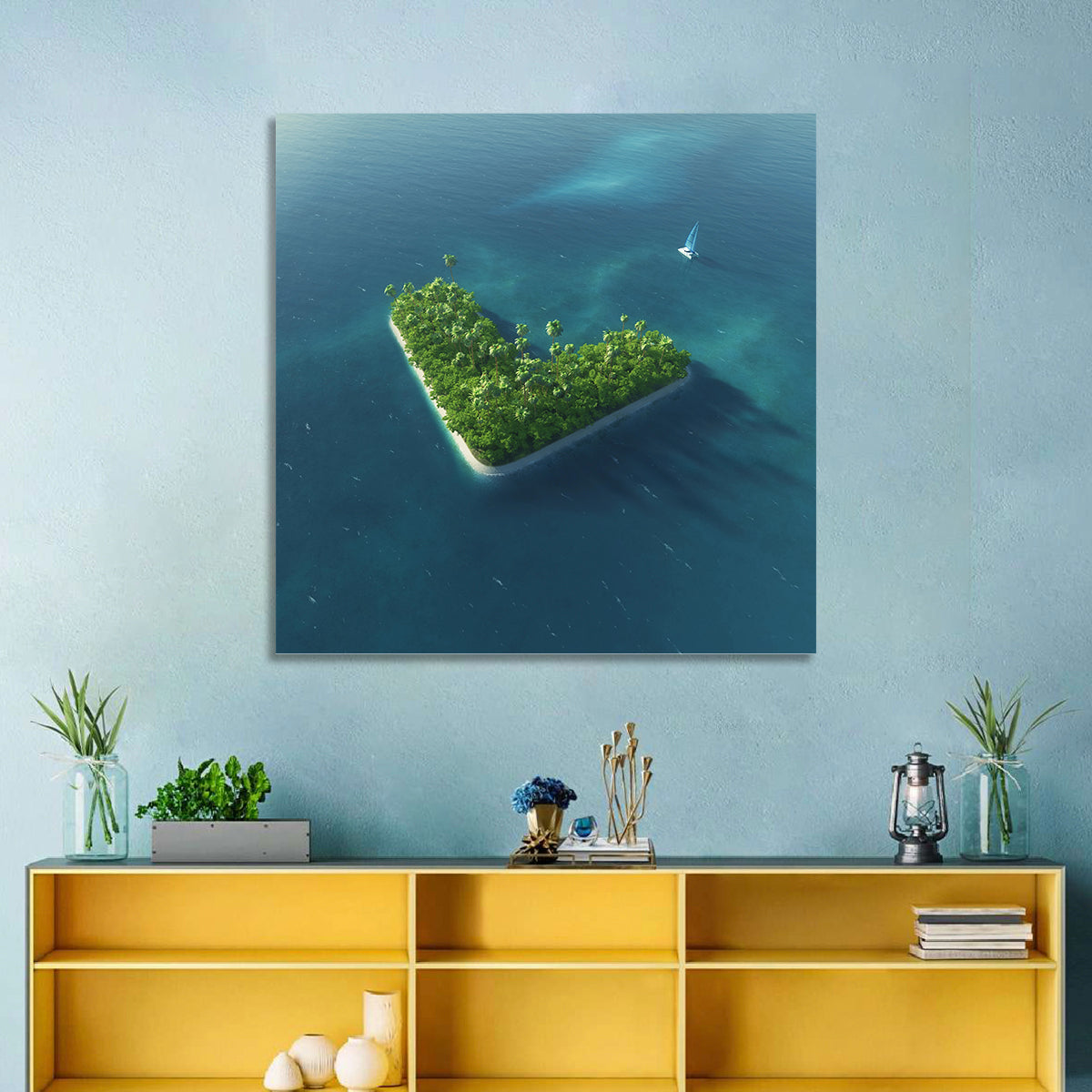 V-shaped Tropical Island with Distant Catamaran Wall Art in a room, square