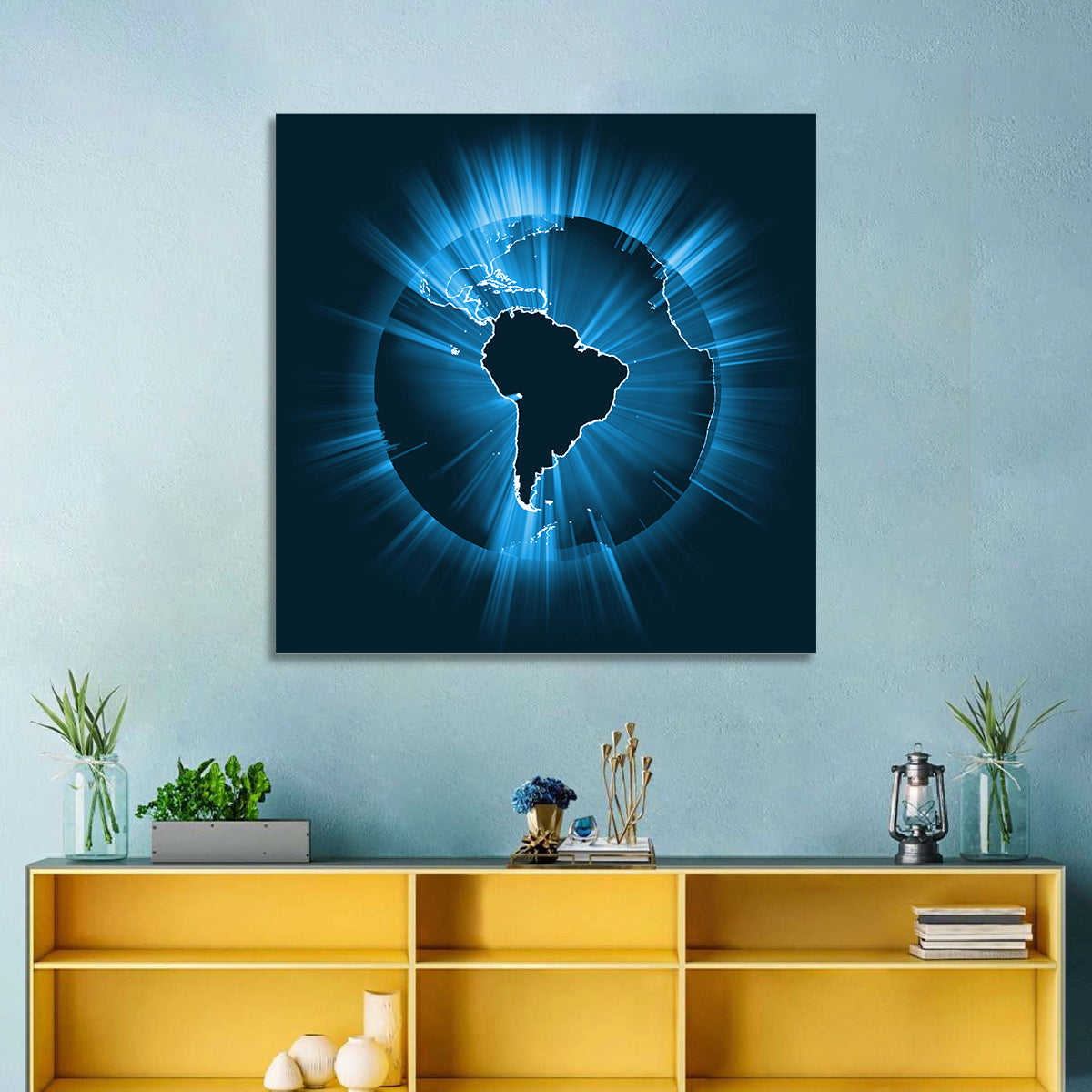 Glowing South America Map Wall Art in a room, square