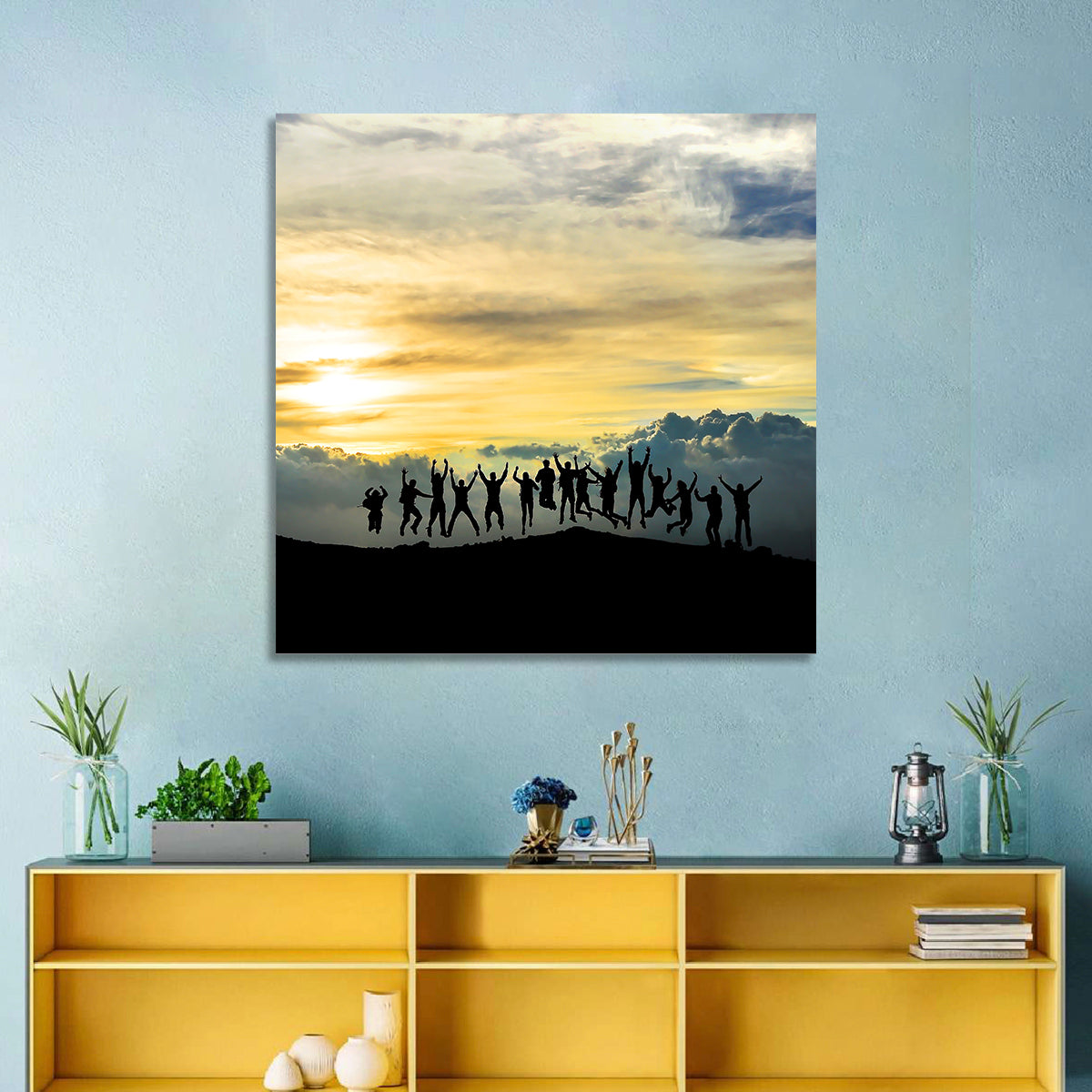 Golden Team Silhouettes at Sunset Wall Art in a room, square