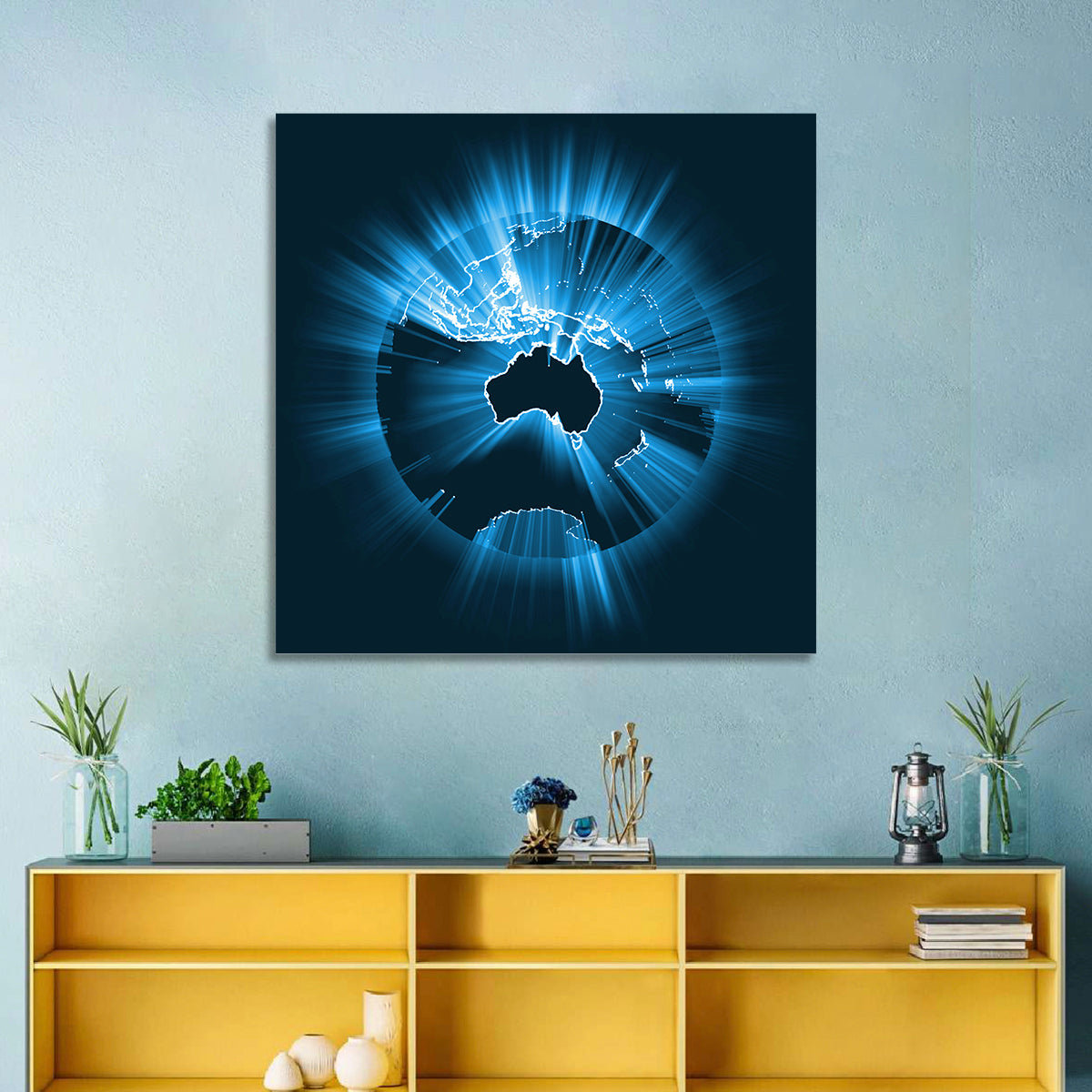 Glowing Australian Map Wall Art in a room, square