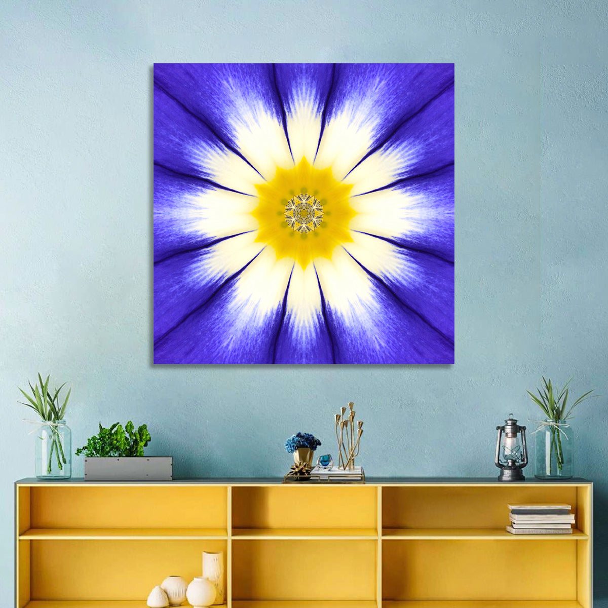 Blue Cornflower Mandala Bloom Wall Art in a room, square