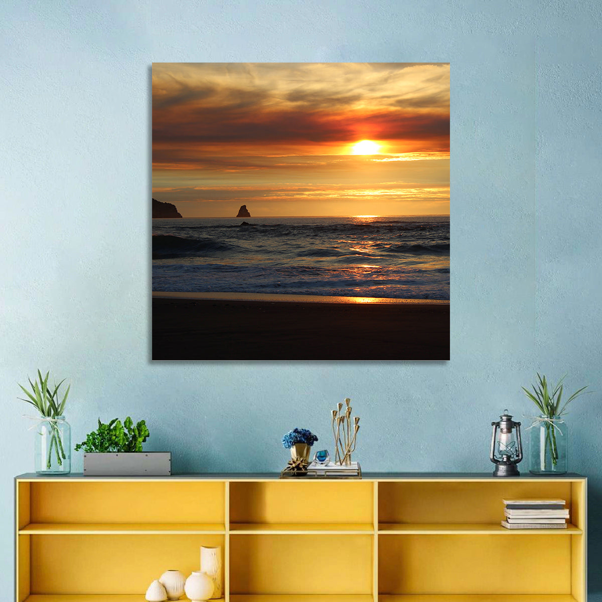 Oregon Sea Stack Sunset Wall Art in a room, square