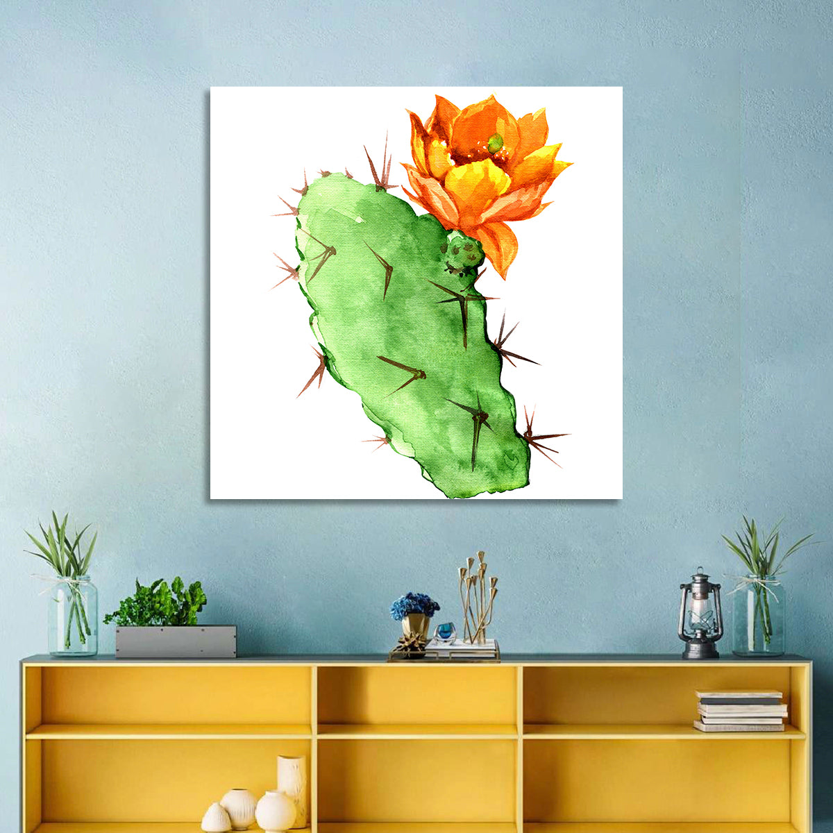 Opuntia Cactus Watercolor Wall Art in a room, square