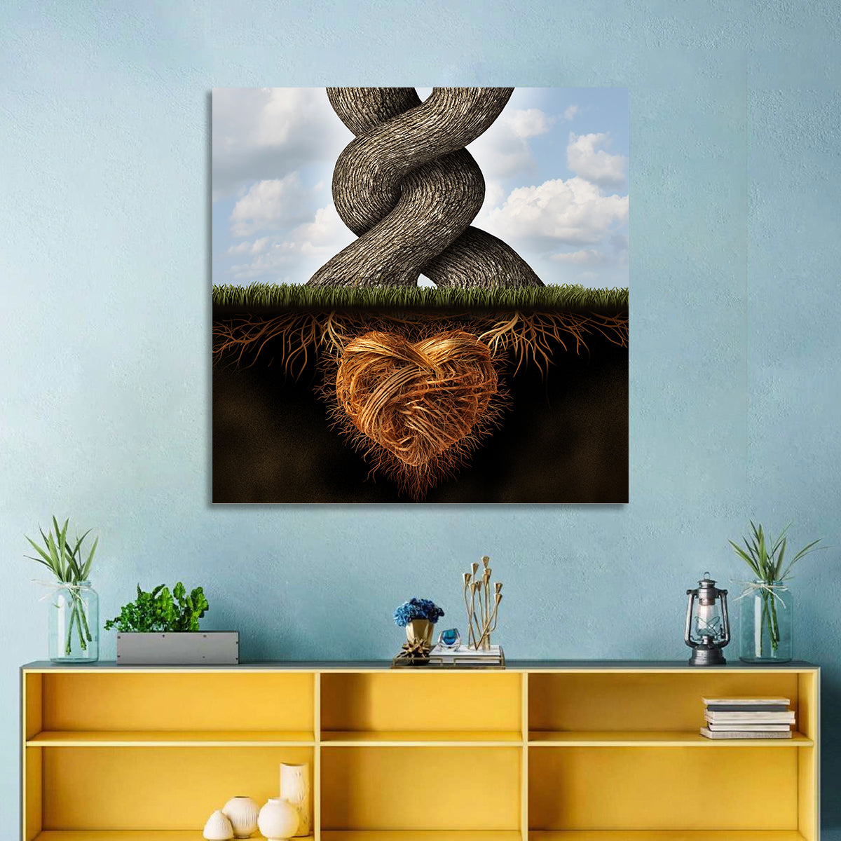Intertwined Trees with Heart-shaped Roots Wall Art in a room, square