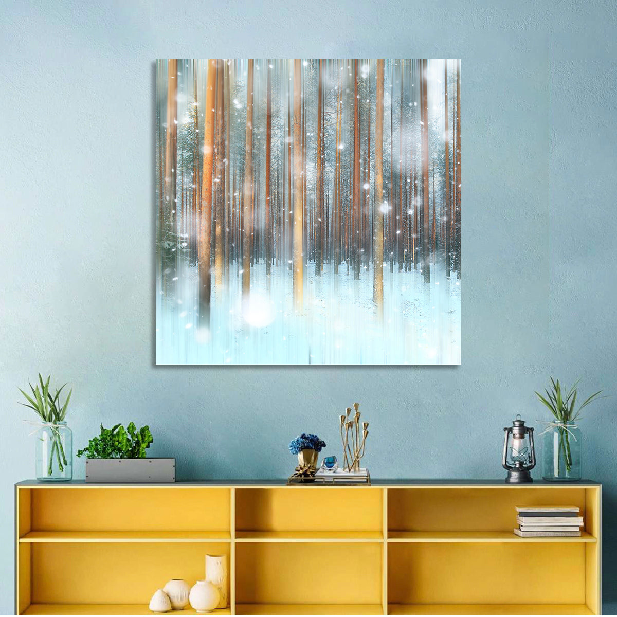 Ethereal Snowy Pine Forest Wall Art in a room, square