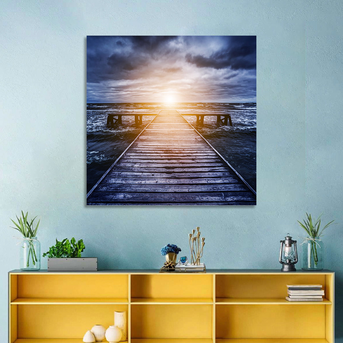 Sunlit Wooden Jetty at Dusk Wall Art in a room, square