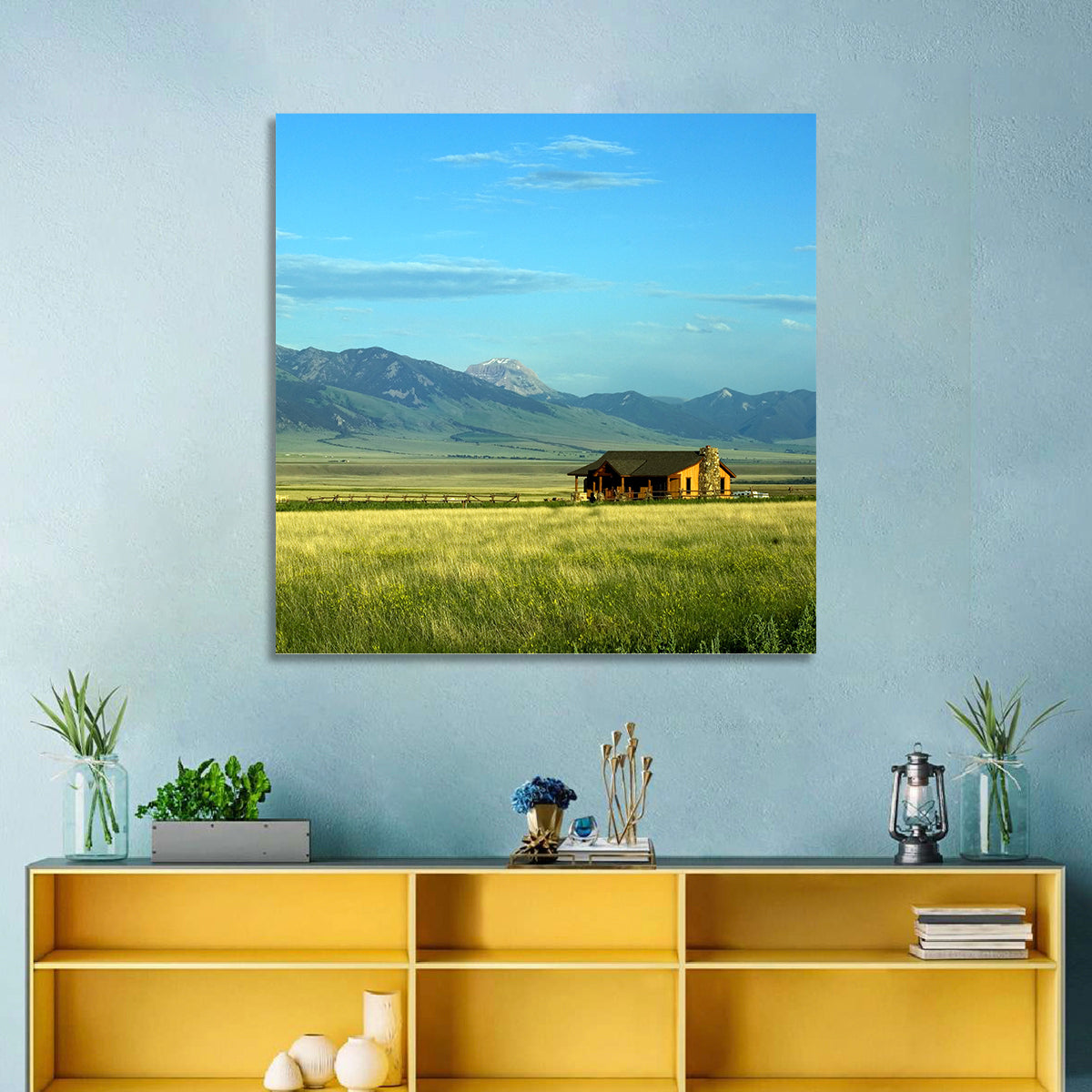 Montana Mountain Ranch Wall Art in a room, square