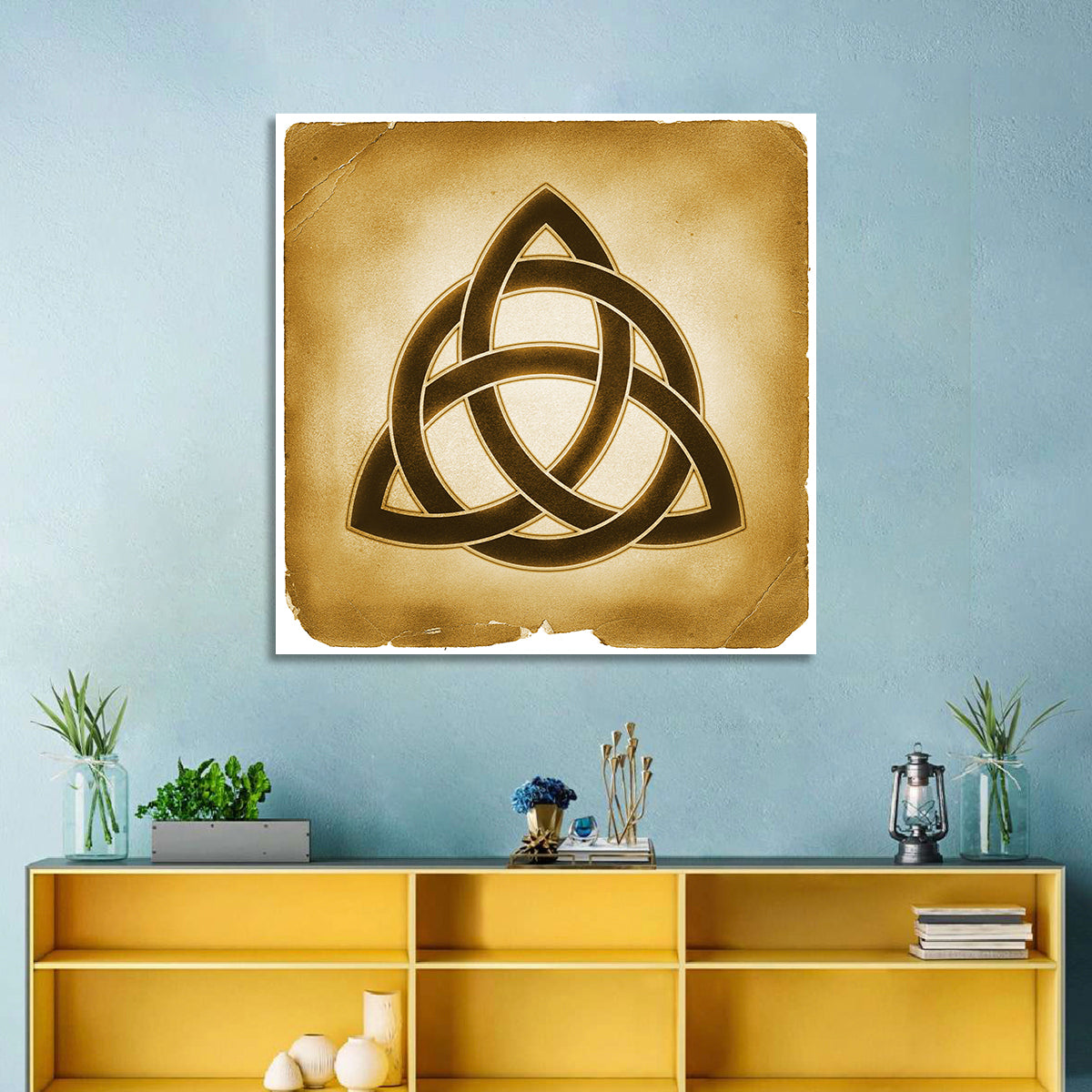 Embossed Trinity Knot Symbol Wall Art in a room, square