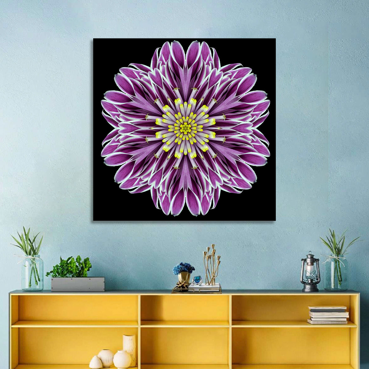 Kaleidoscopic Pink Floral Mandala Wall Art in a room, square