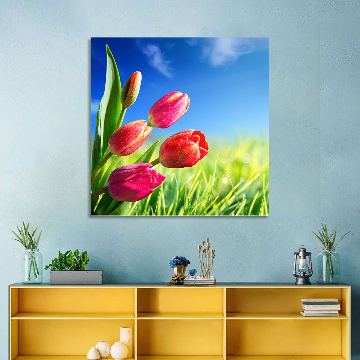 Dewy Red Tulips Under Blue Sky Wall Art in a room, square