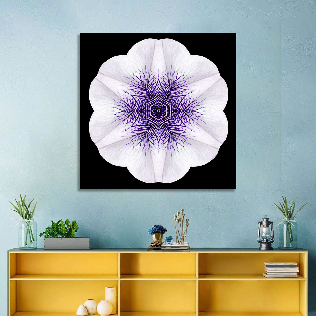 Purple Mandala Flower Kaleidoscope Wall Art in a room, square