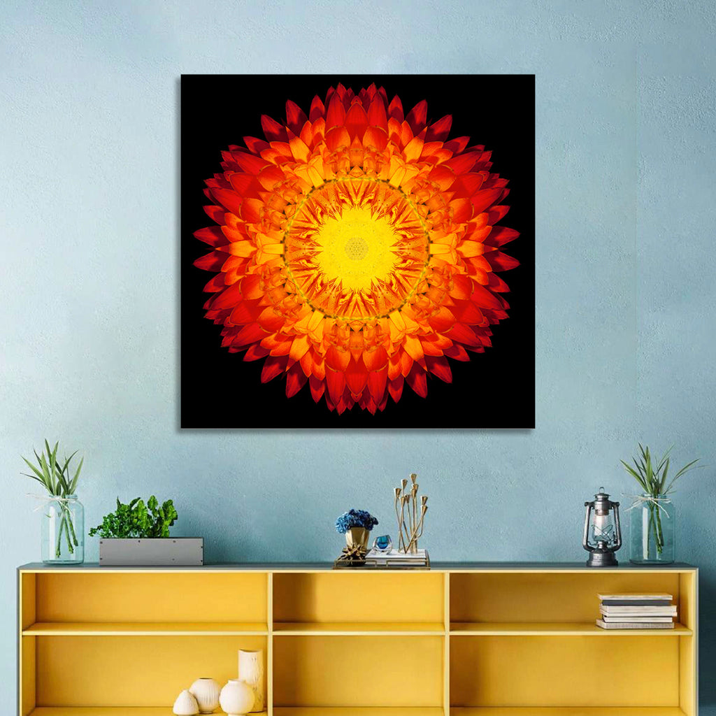 Radiant Red Kaleidoscopic Mandala Flower Wall Art