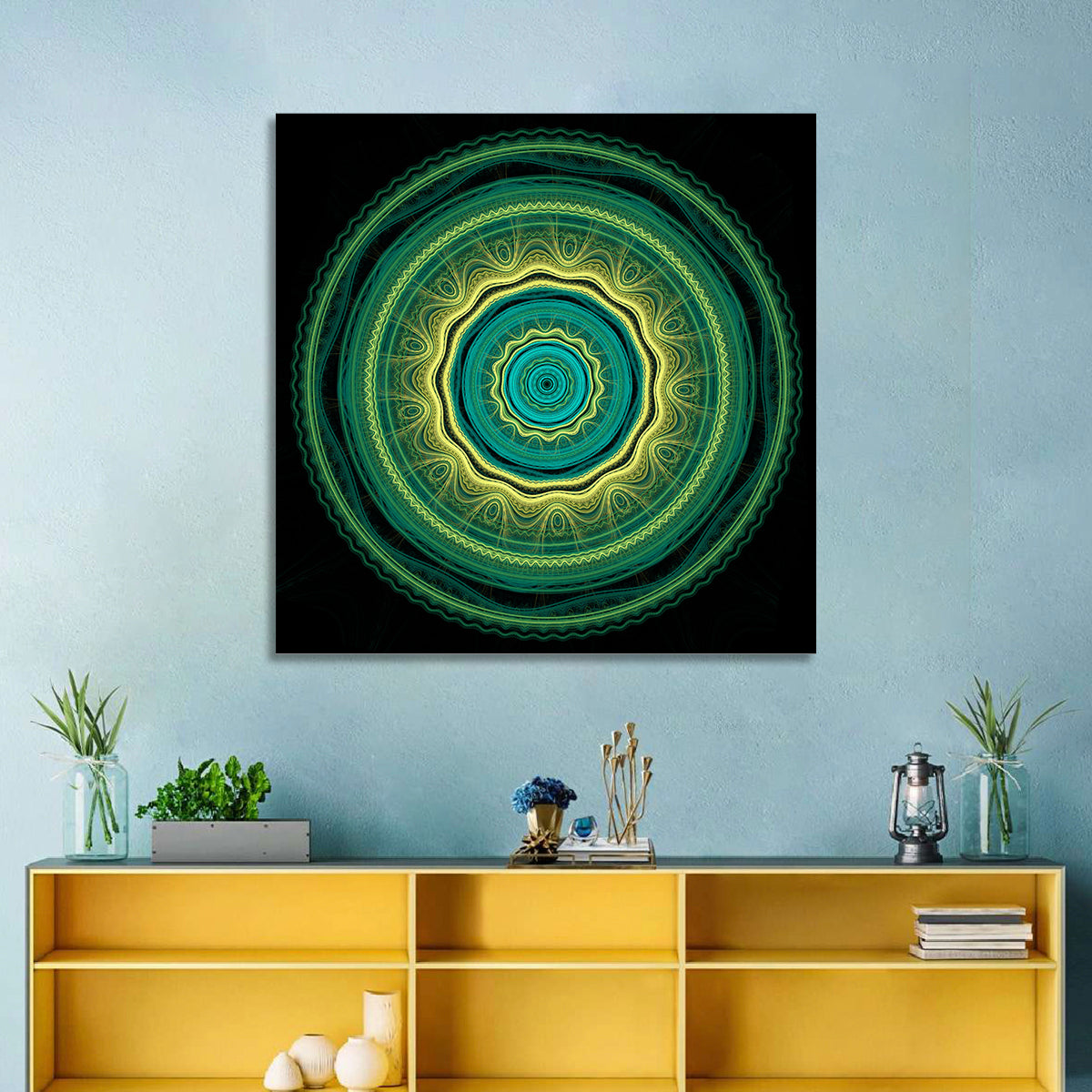 Hypnotic Teal Glow Mandala Wall Art in a room, square