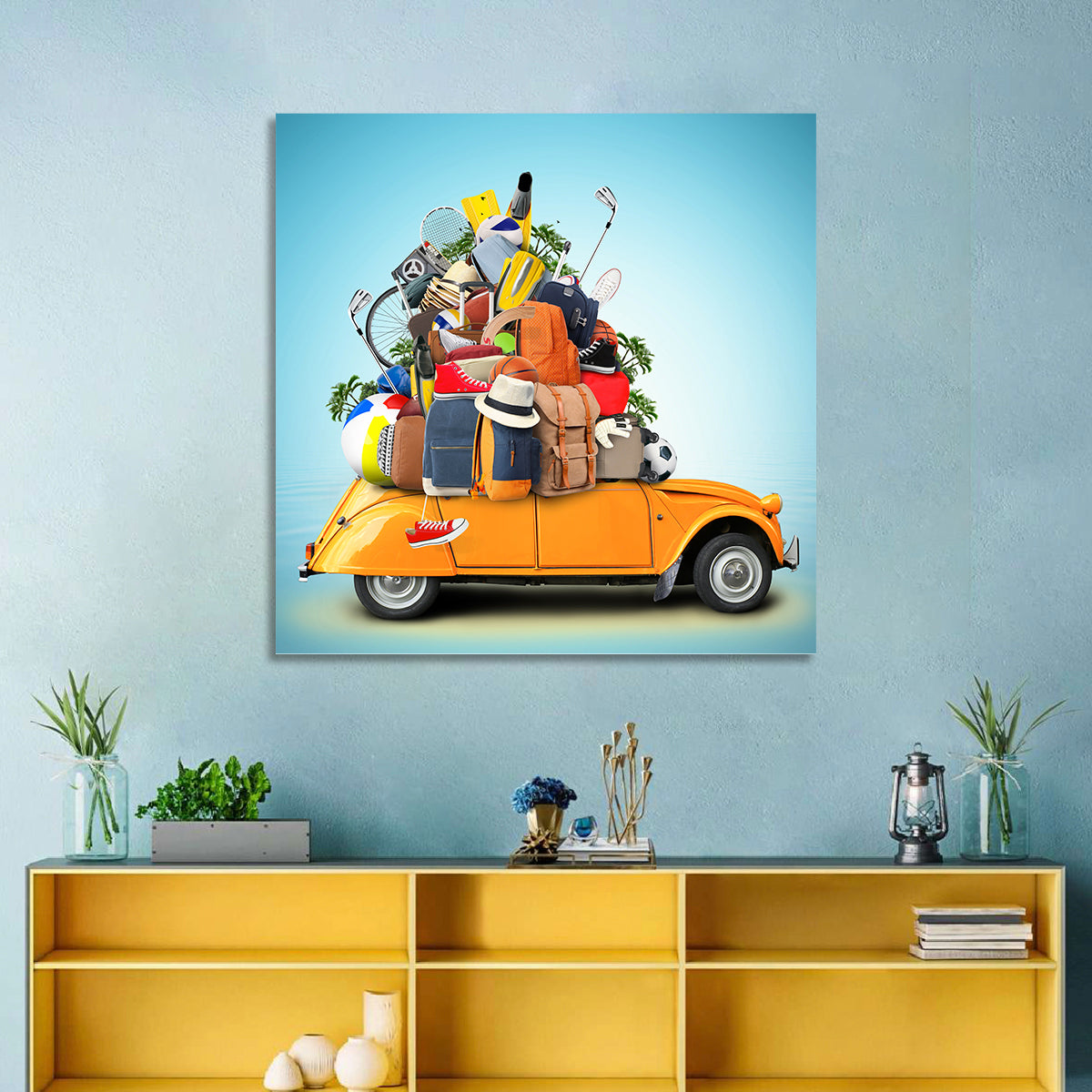 Orange Vintage Car Road Trip Getaway Wall Art in a room, square
