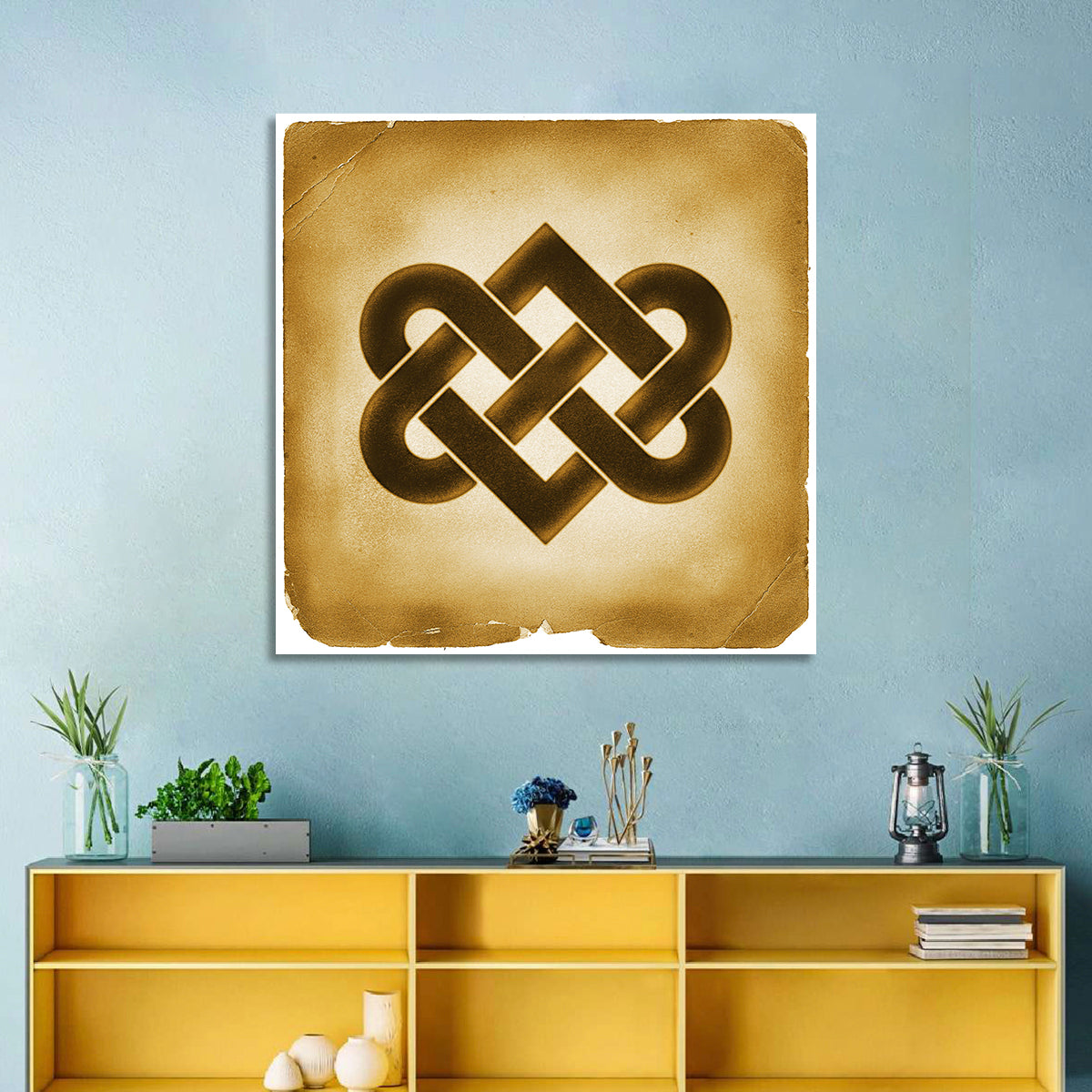 Gold Celtic Heart Knot Wall Art in a room, square