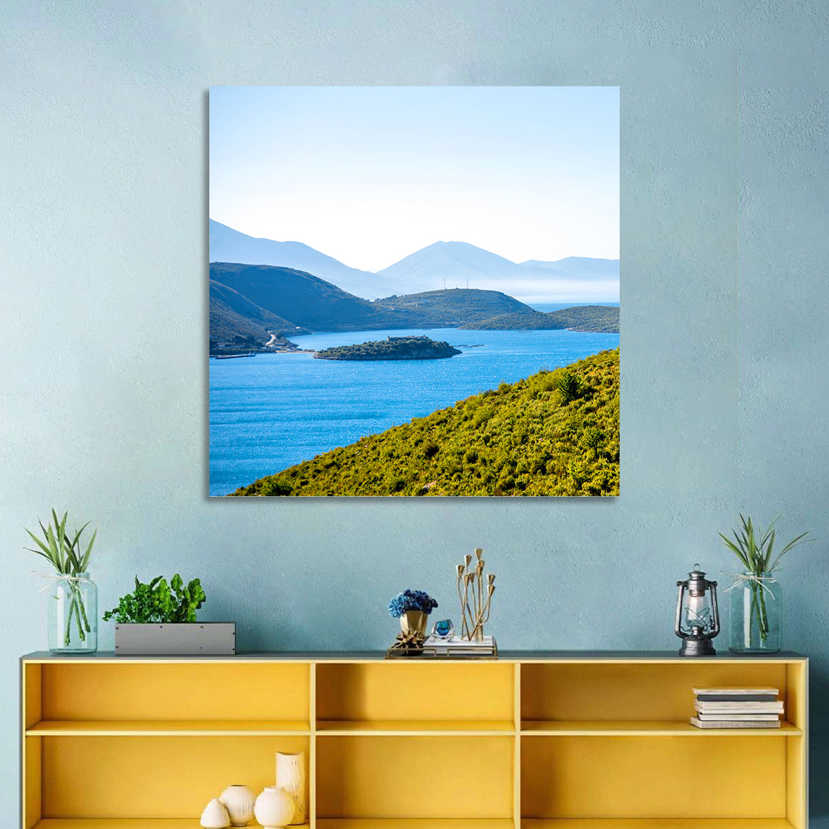 Porto Palermo Bay with Ali Pasha Castle Wall Art in a room, square