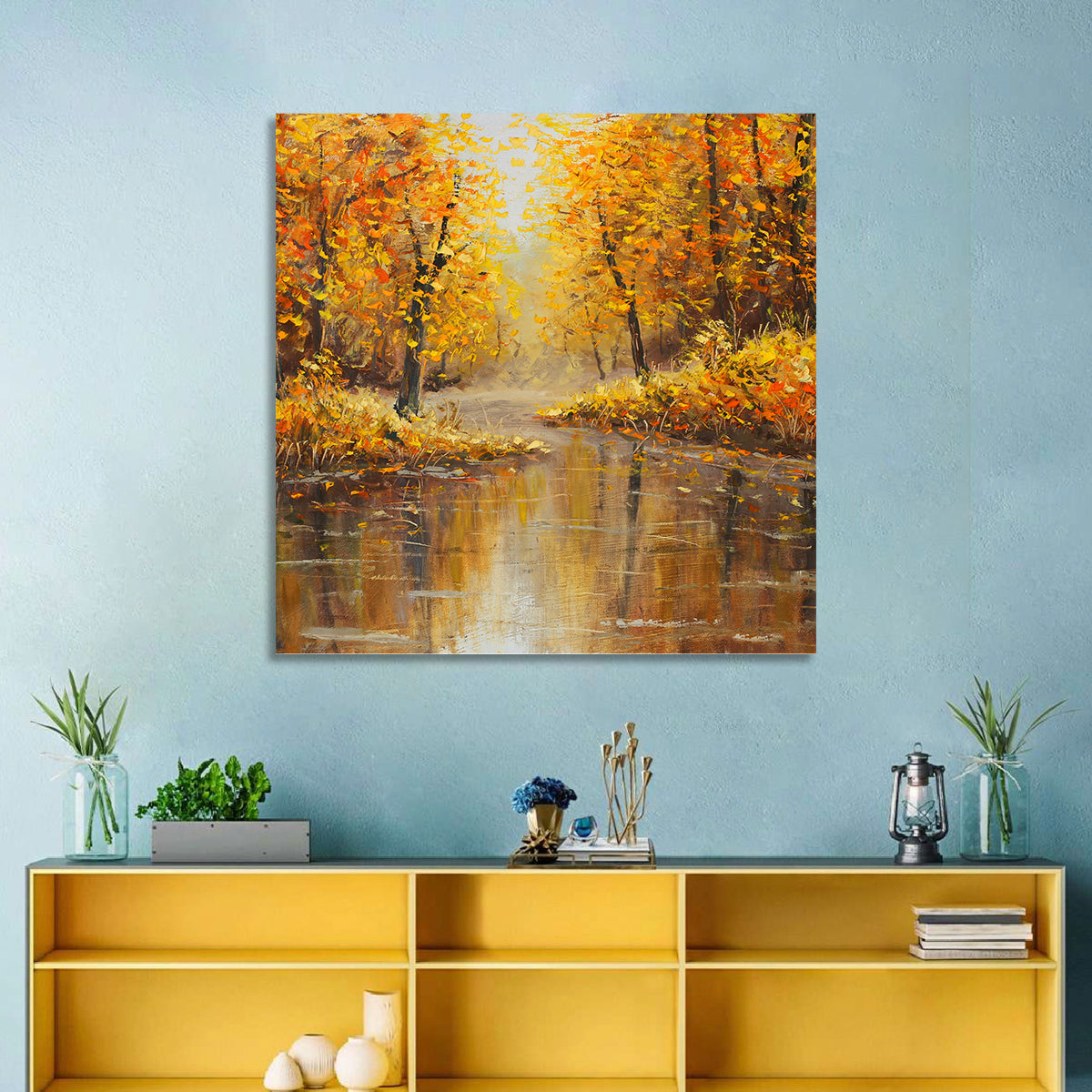 Golden Autumn River Reflection Wall Art
