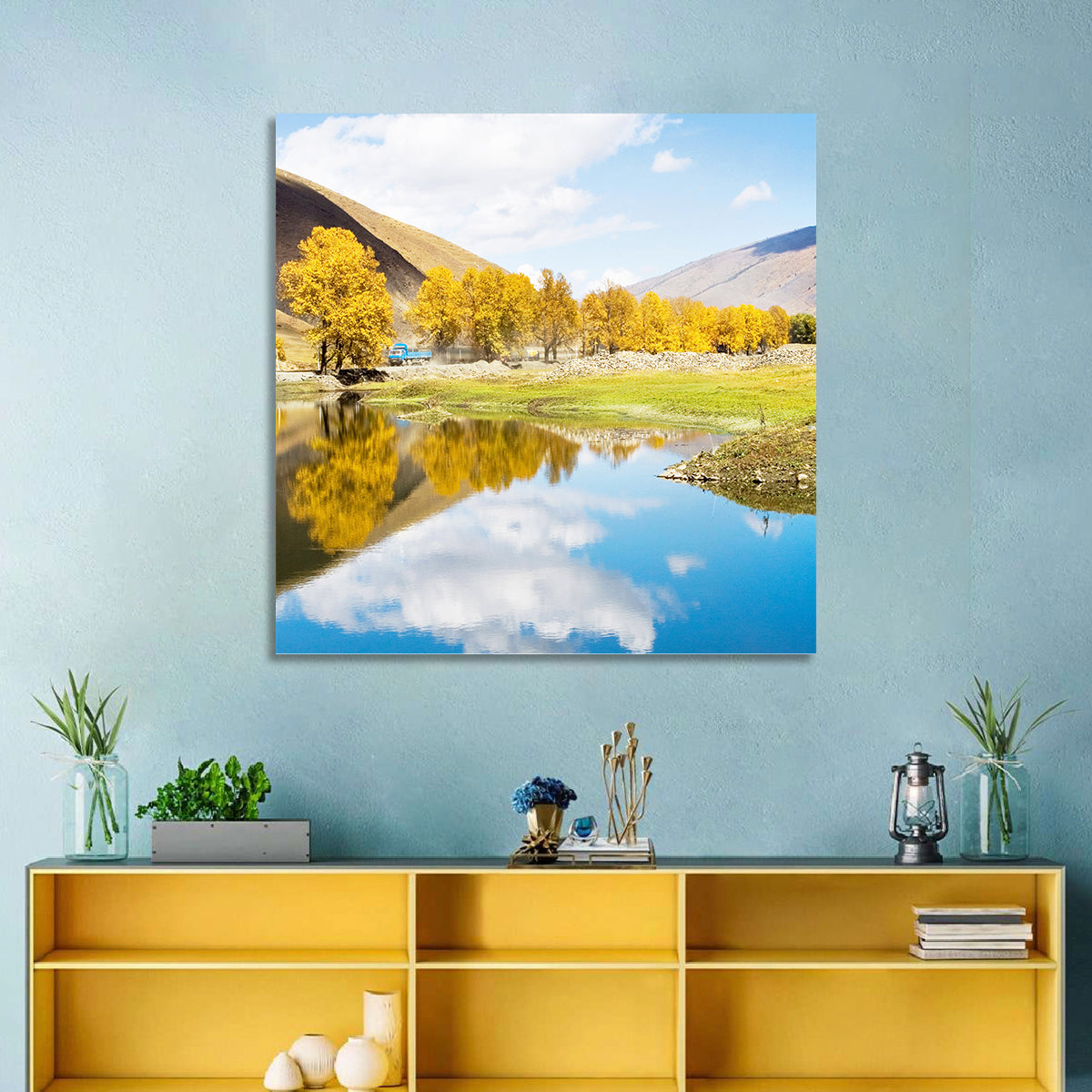 Chanxi Autumn Reflection Road Wall Art in a room, square