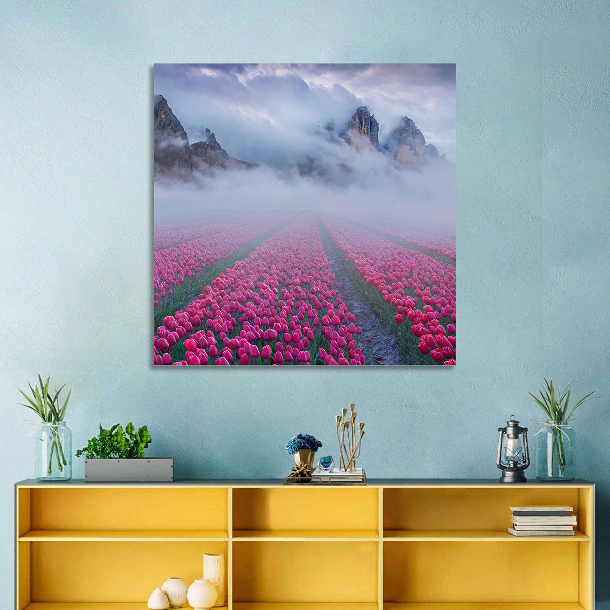 Misty Pink Tulip Field Wall Art in a room, square